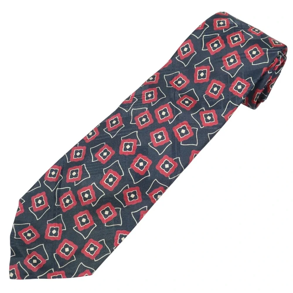 Polo Ralph Lauren Mark Shale Navy Silk Foulard Necktie‎ Red Geometric Print USA